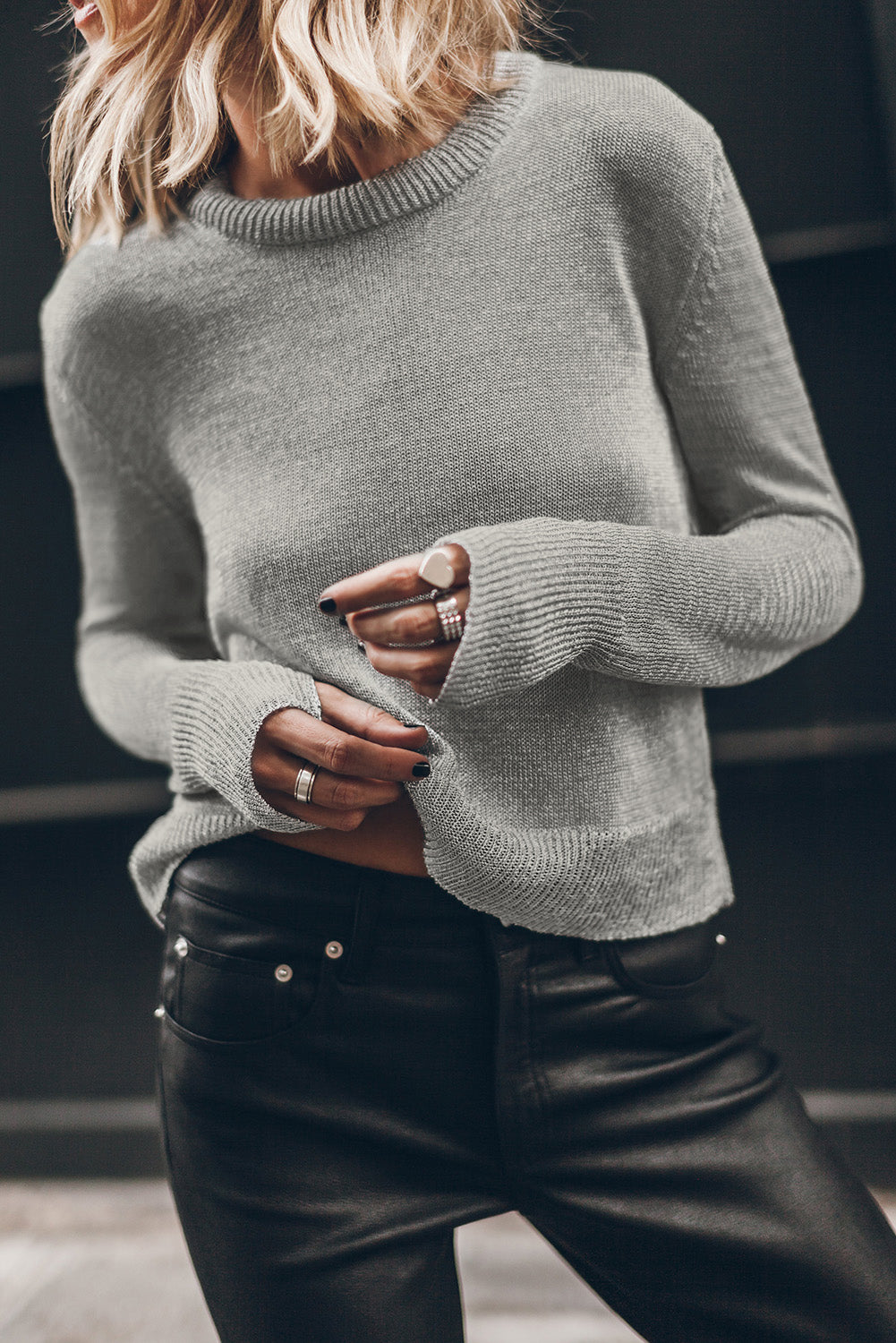 Grey Solid Colour Thumbhole Sleeve Ribbed Edge Sweater eAura
