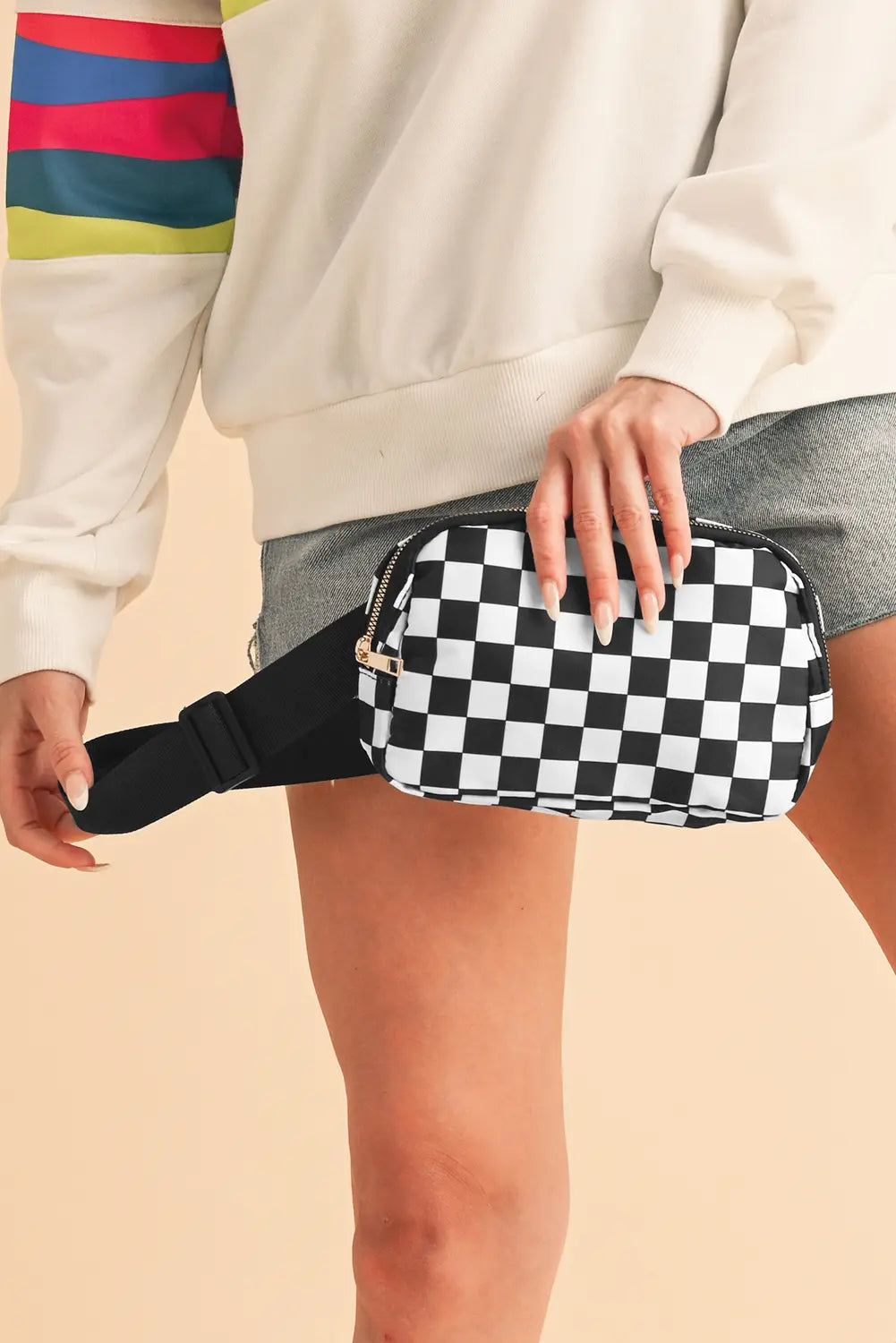 Checkered Print Buckle Wide Belt Crossbody Bag – White
