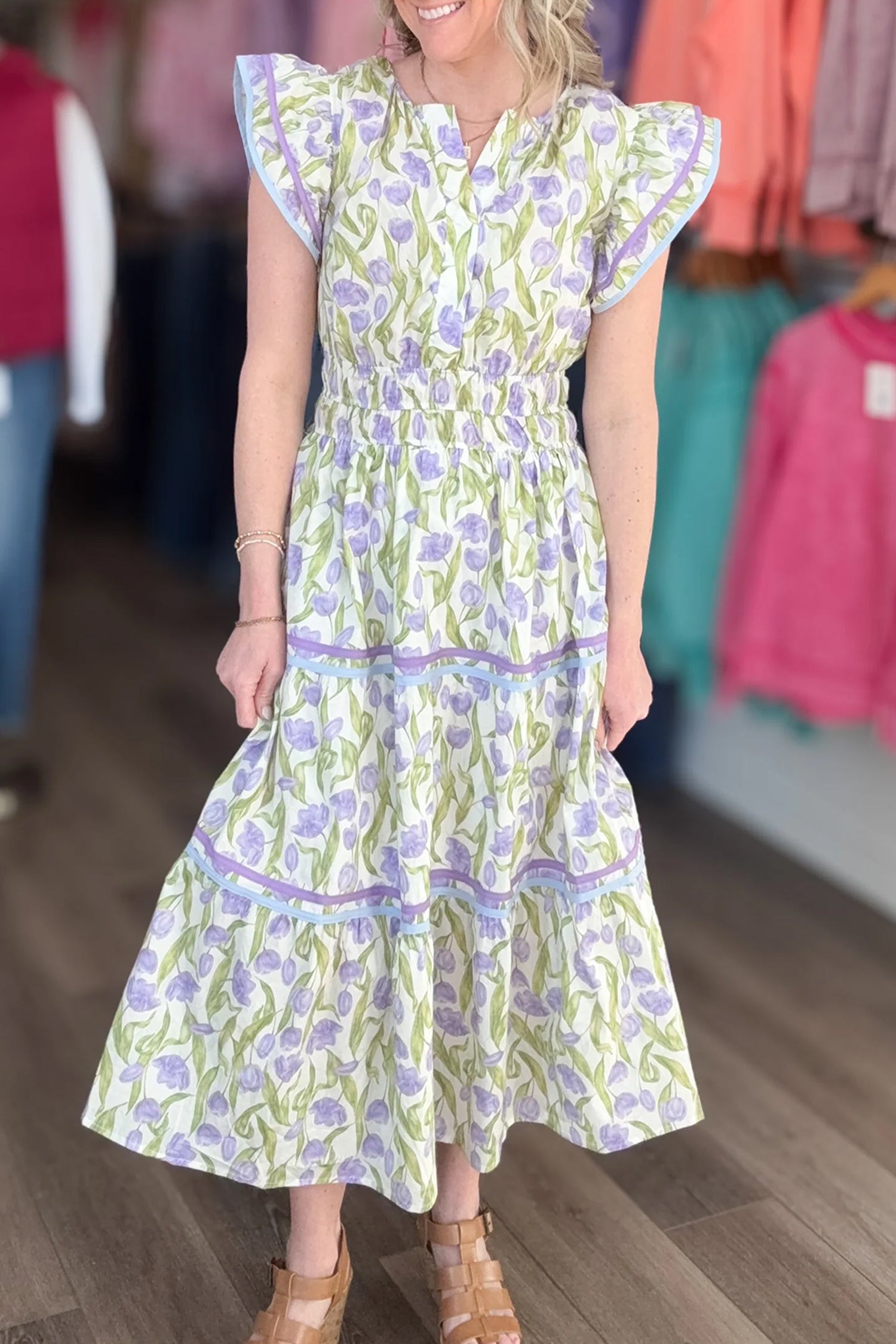 Tulip Floral Print Contrast Trim Midi Dress – Purple
