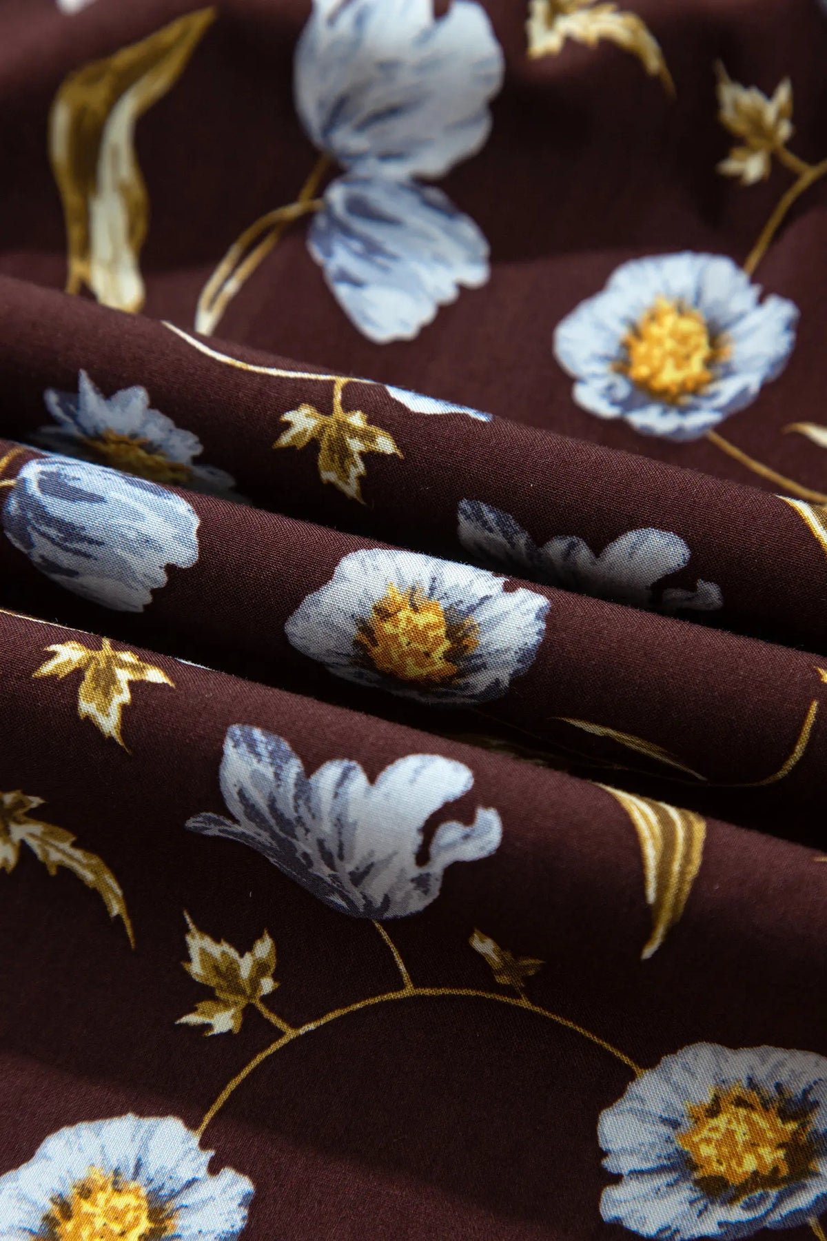 Floral Print Shirred V Neck Shift Dress – Brown
