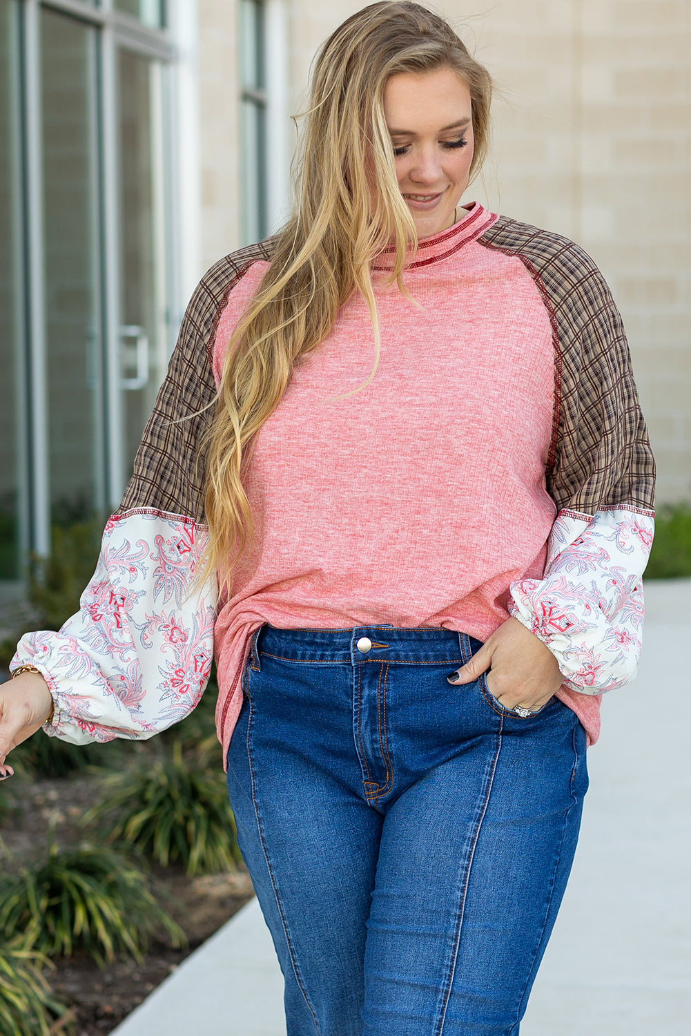 Pink Checkered Paisley Patchwork Raglan Sleeve Seamed Plus Size Top BB Fashion Outlet