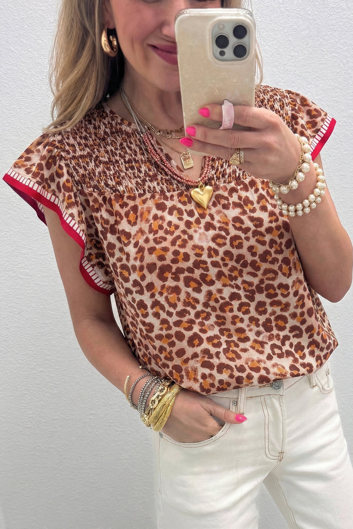 Contrast Trim Ruffled Short Sleeve Leopard Blouse DL