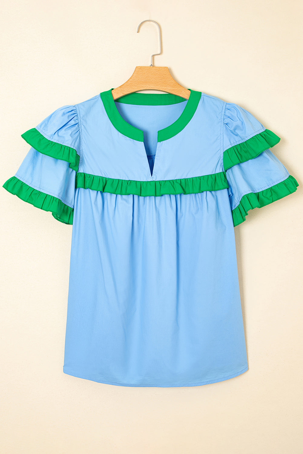 Blue Contrast Notched Neck Frill Detail Short Sleeve Blouse eAura