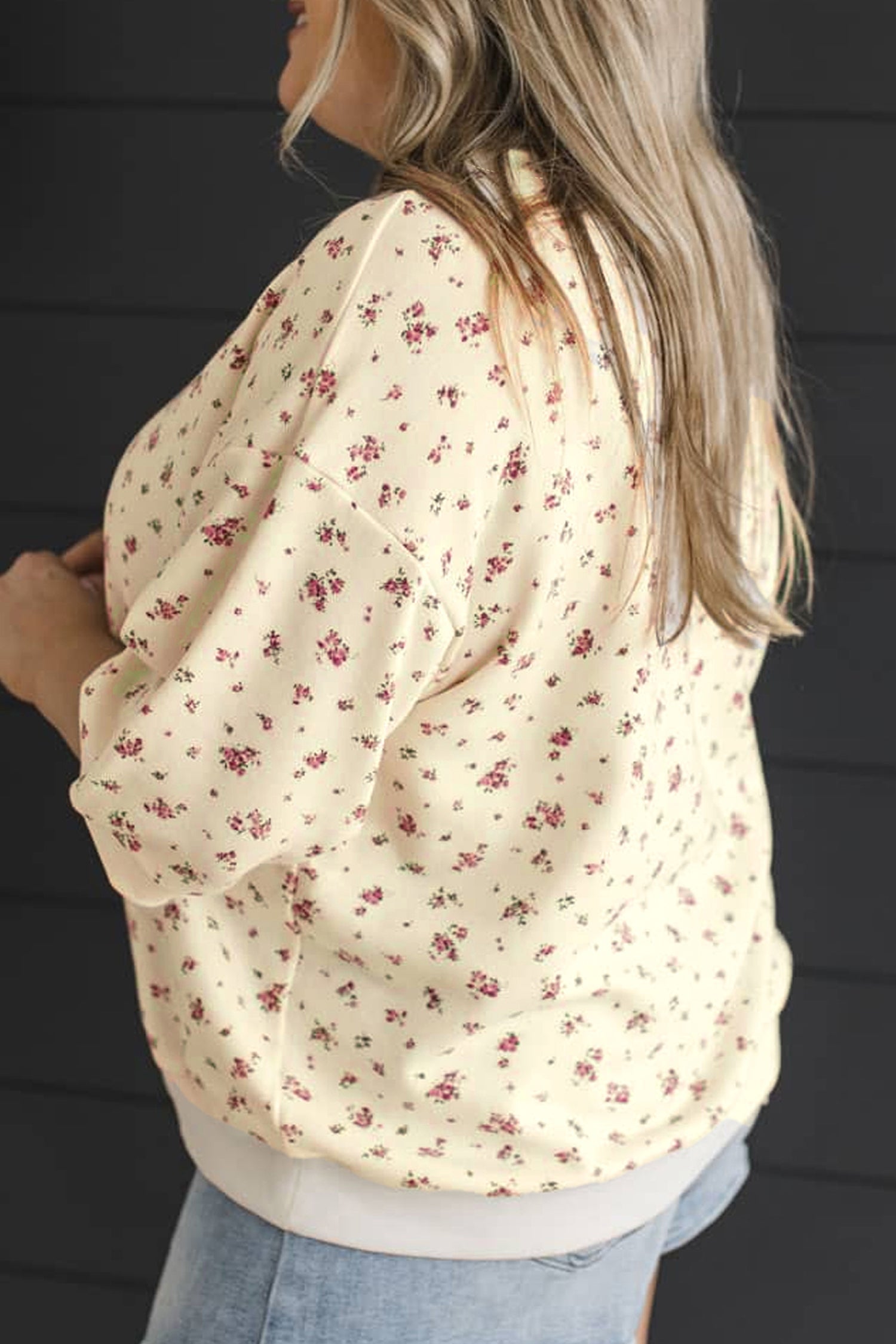 Floral Print Colorblock Cuffs Hem Plus Size Blouse – Beige