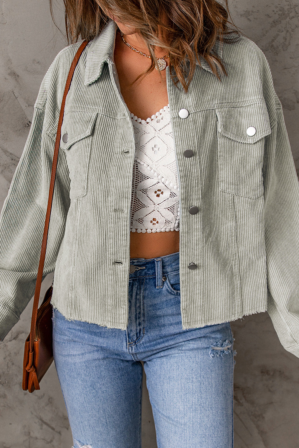 Sky Blue Raw Hem Flap Pockets Cropped Corduroy Jacket BB Fashion Outlet