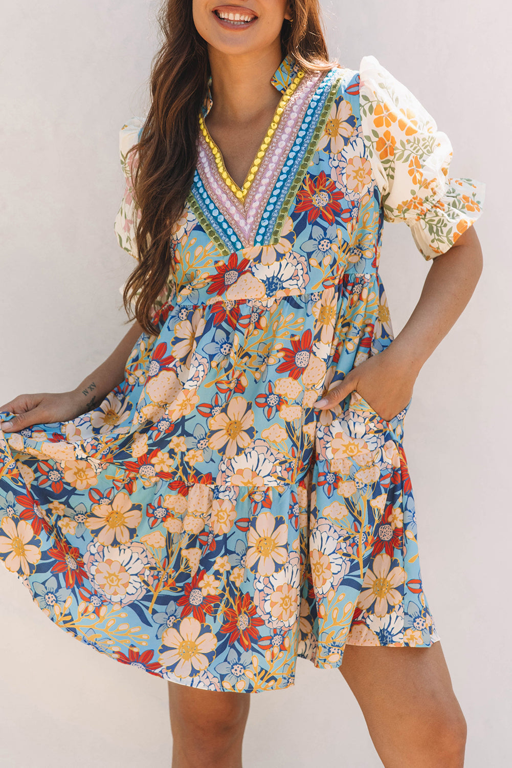 Multicolour Boho Floral Print Crochet Patchwork V Neck Loose Mini Dress eAura