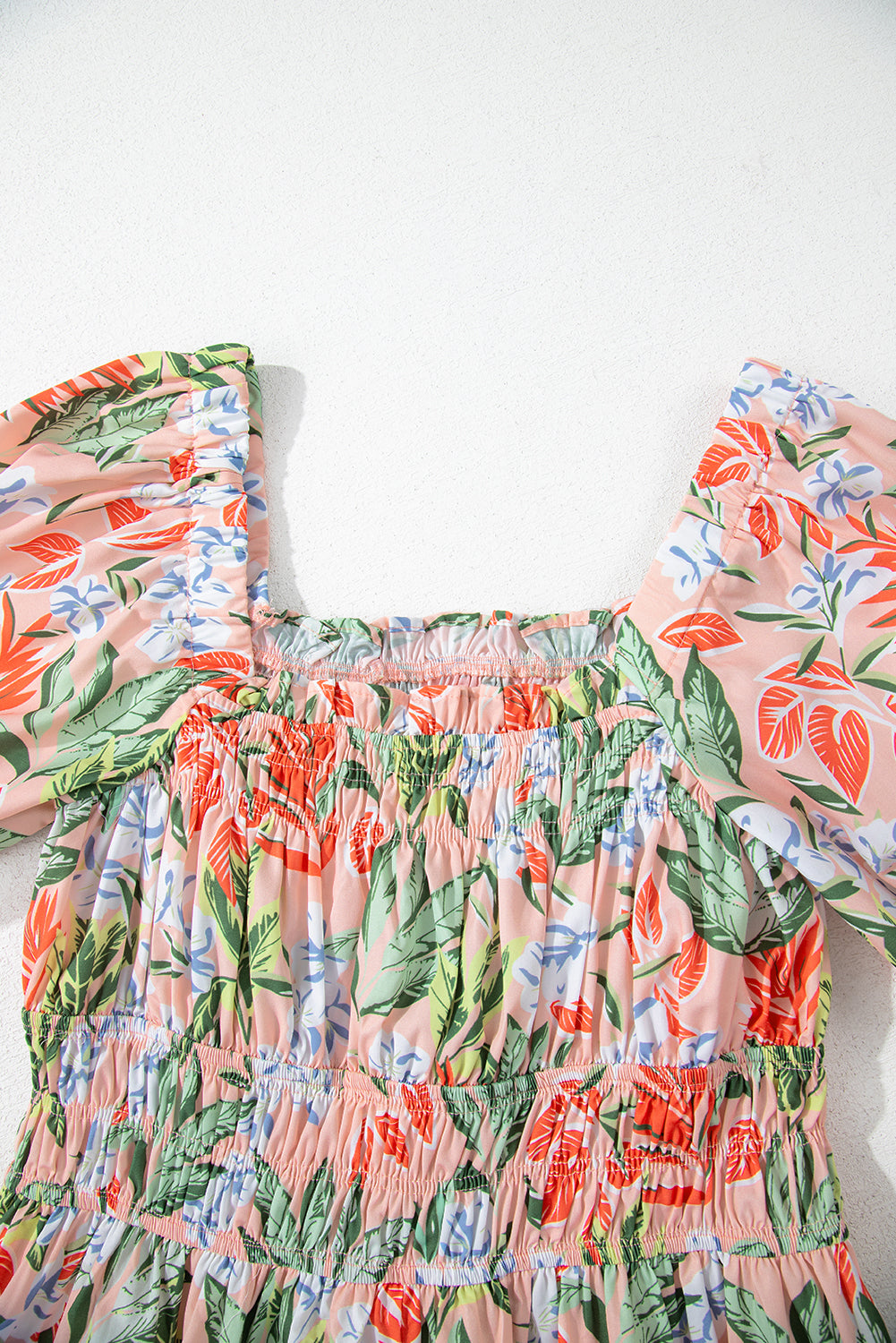 Apricot Pink Floral Smocked Bust Bubble Short Sleeve Maxi Dress eAura