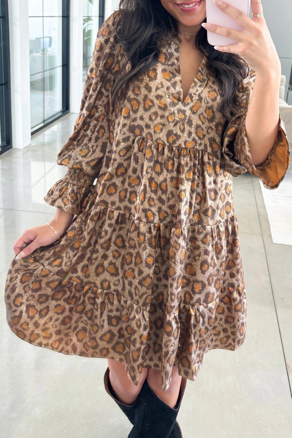 Leopard Print V-Neck Ruffled Sleeve Tiered Loose Mini Dress - eAura