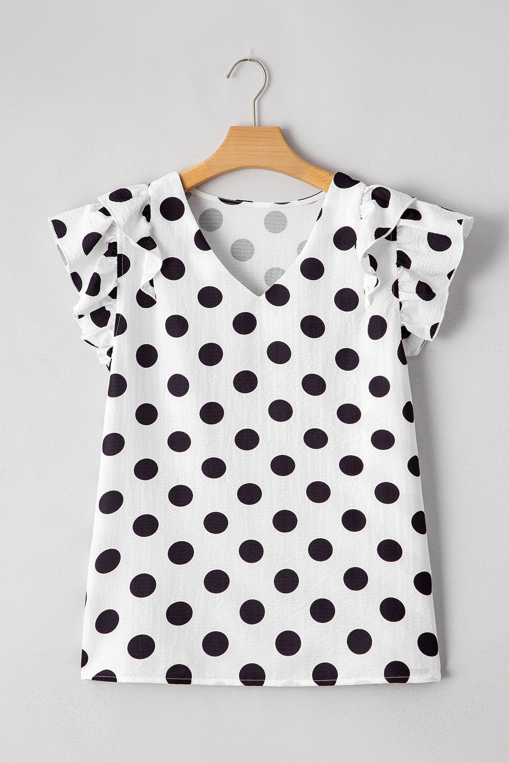 White Polka Dot Print Ruffled Sleeve V Neck Blouse eAura