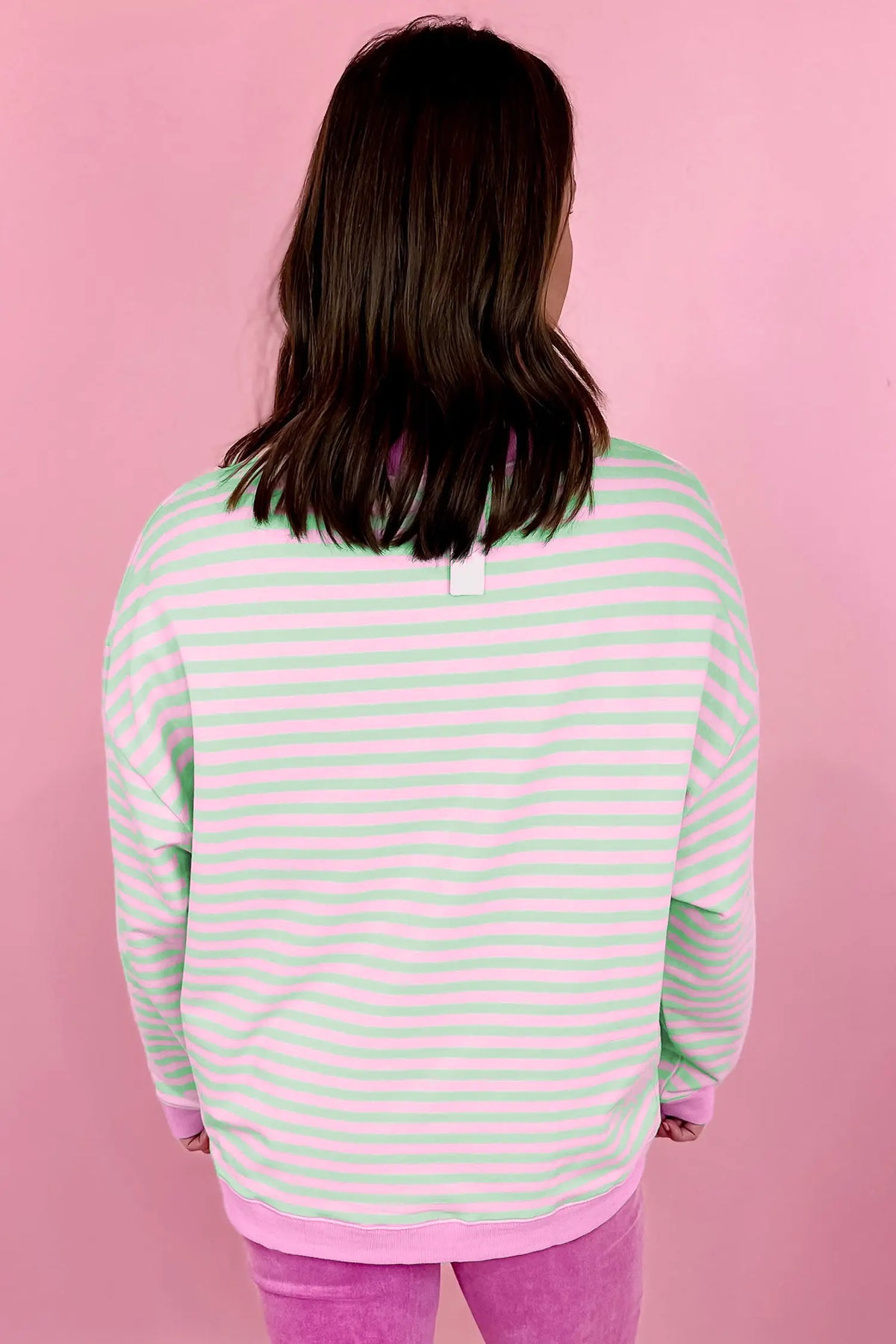 Green Stripe Striped Stand Neck Long Sleeve Sweatshirt