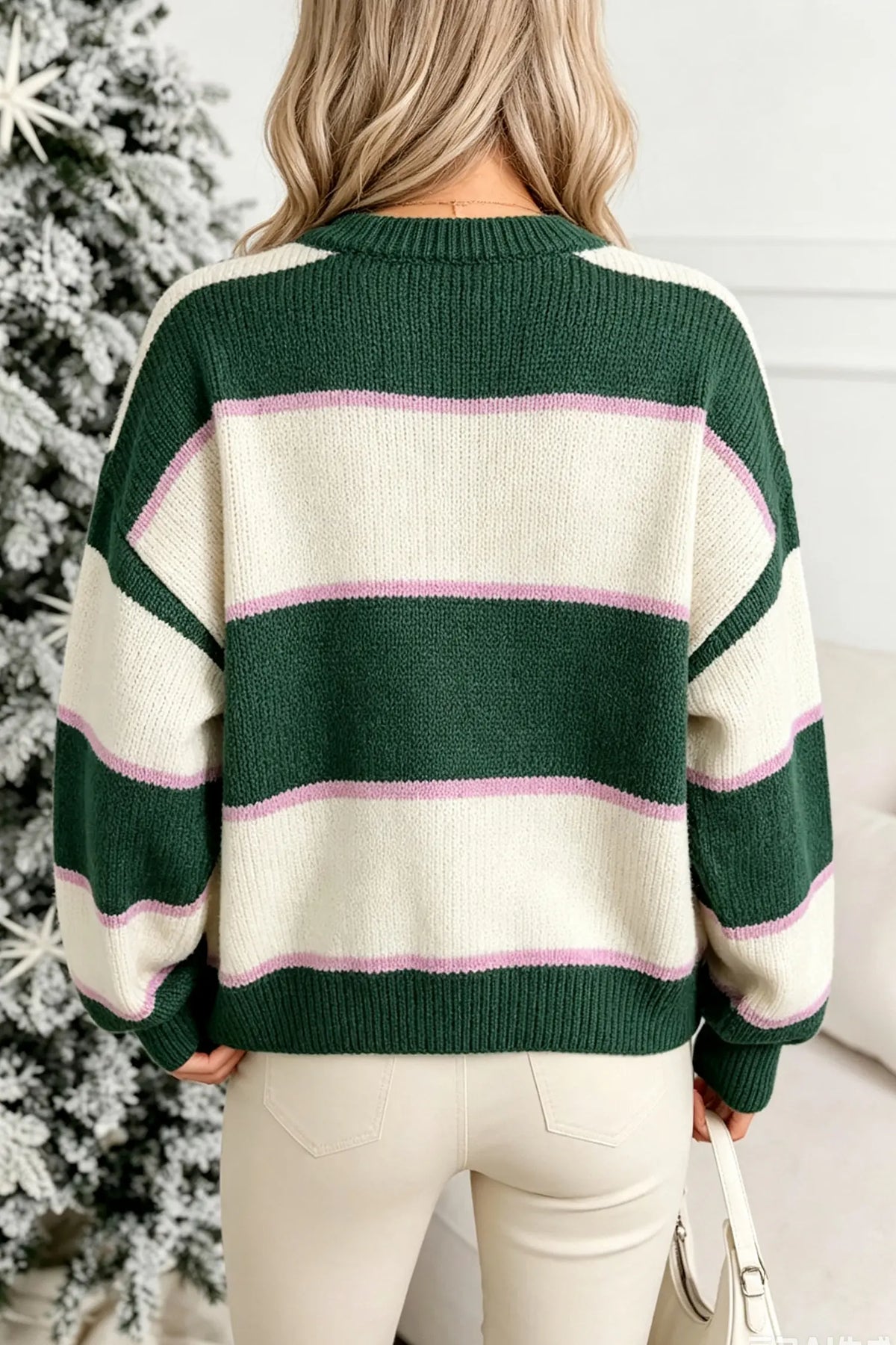 Blackish Green Striped Color Block Knit Dropped Shoulder Loose Pullover Sweater