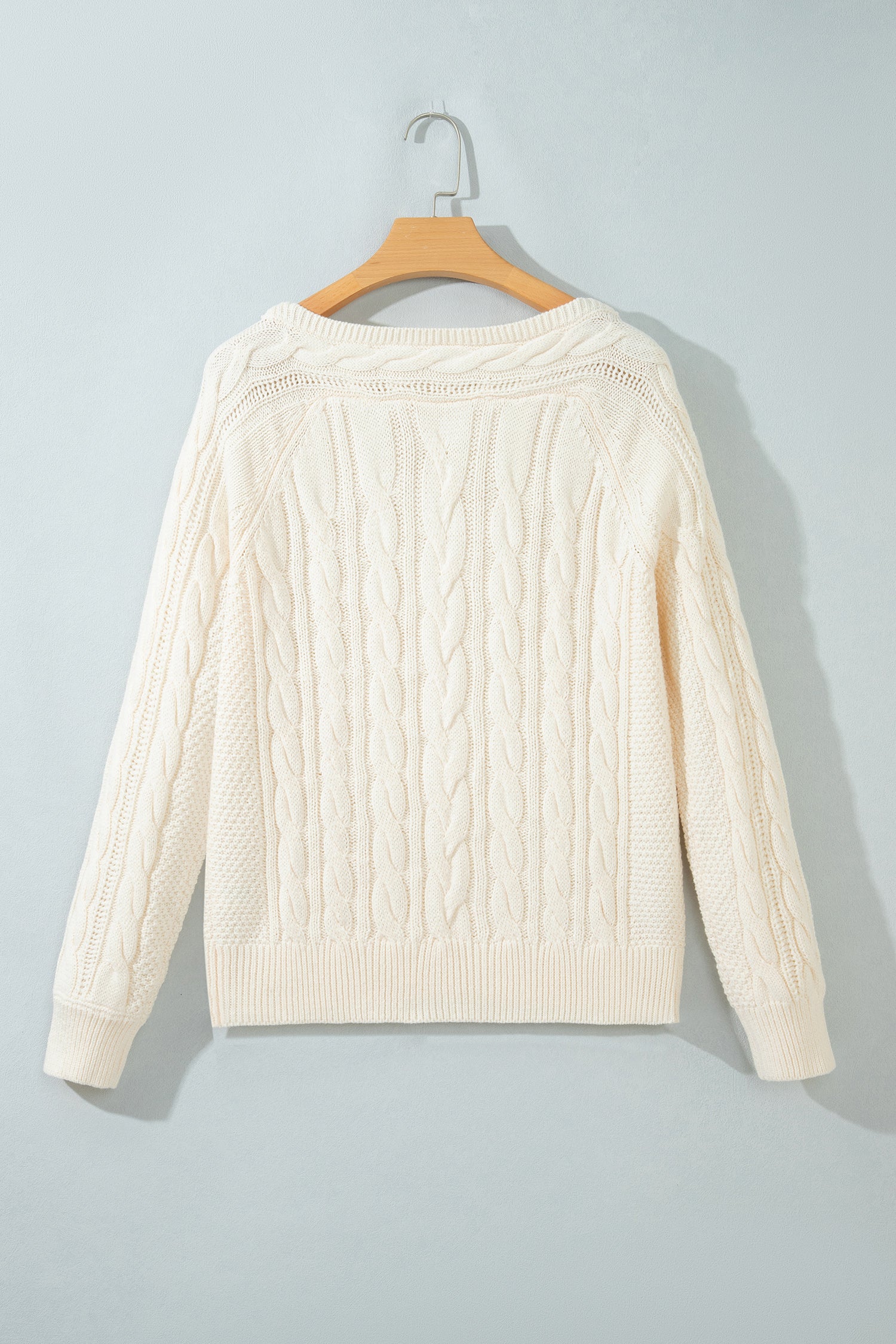 Drop Shoulder Round Neck Cable Knit Sweater – Beige