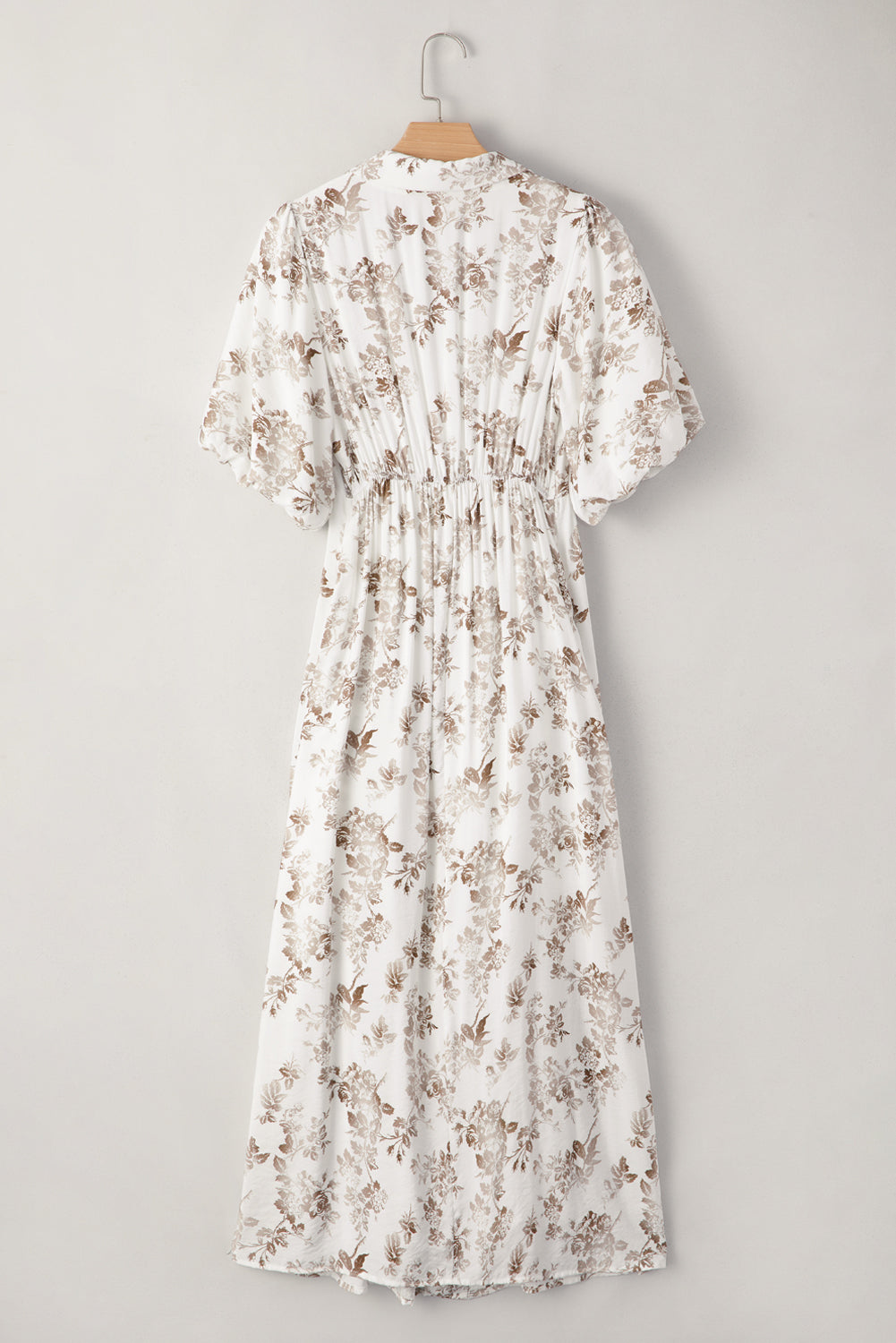Khaki Floral Puff Sleeve V Neck Buttoned Front Maxi Dress eAura
