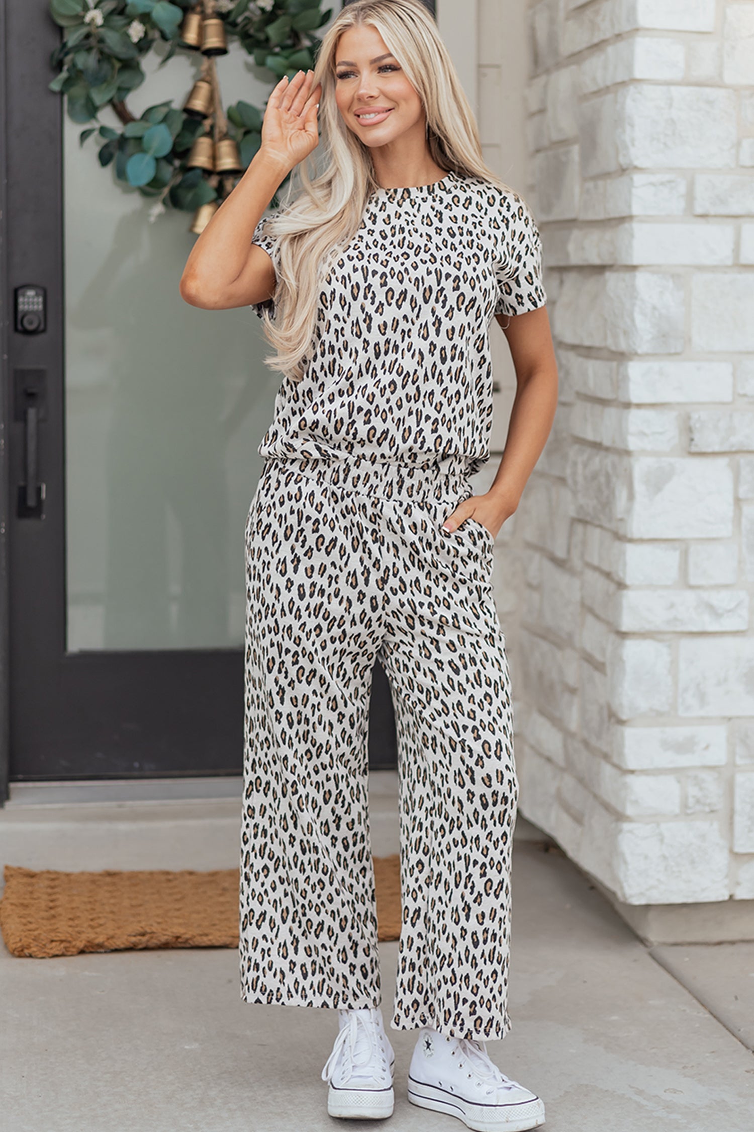 Leopard Print Casual Tee and Pants Co-ord Set