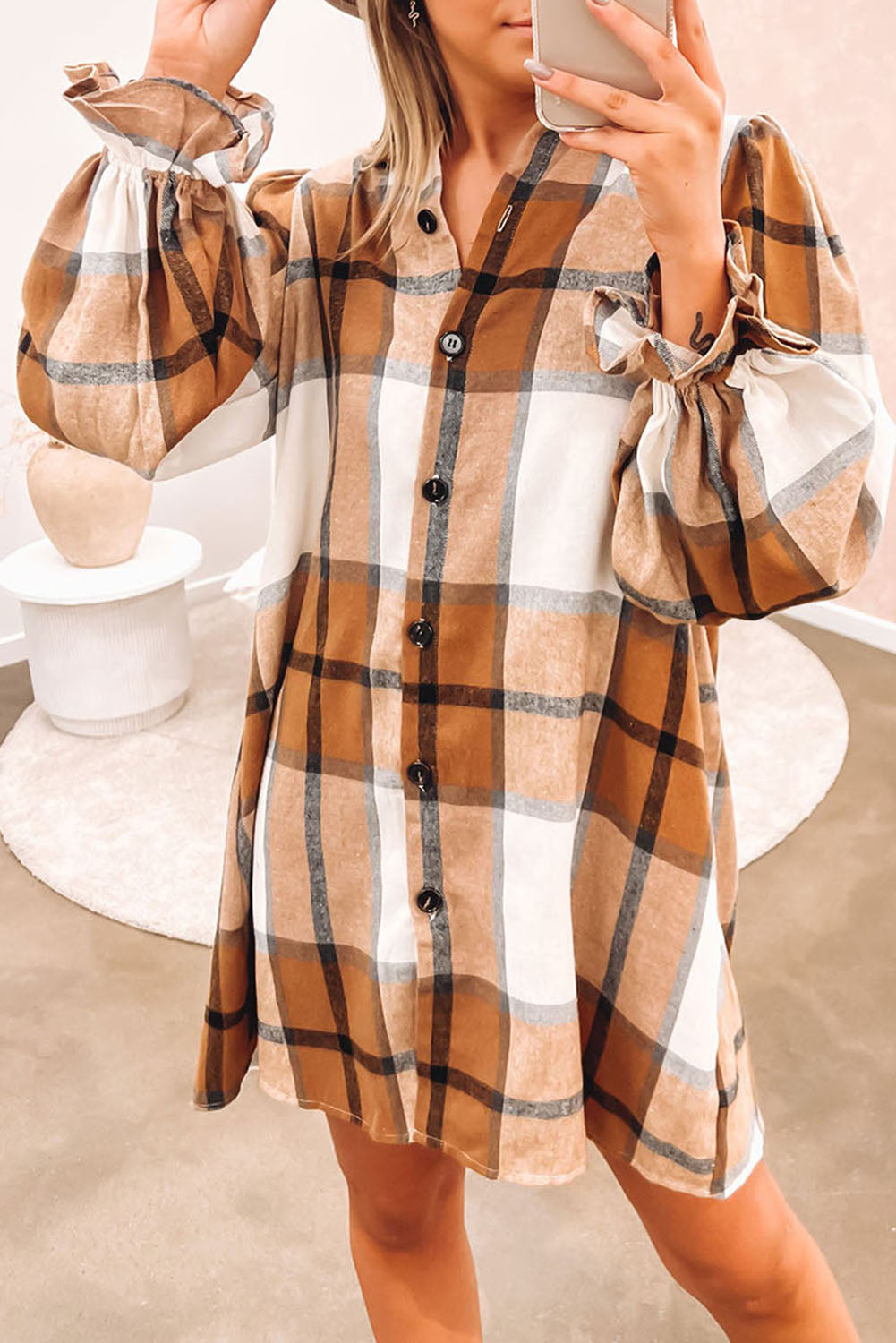Khaki Plaid Pattern Collared Neck Ruffled Sleeve Shirt Dress eAura
