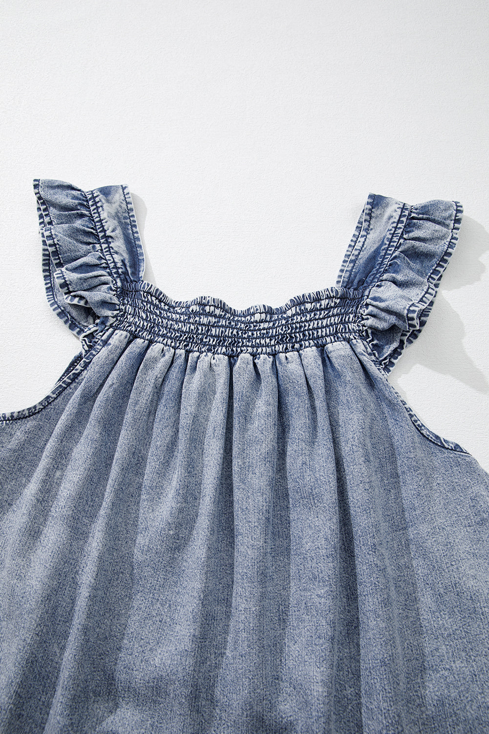 Ashleigh Blue Ruffled Shirred Neckline Sleeveless Denim Tank Top eAura