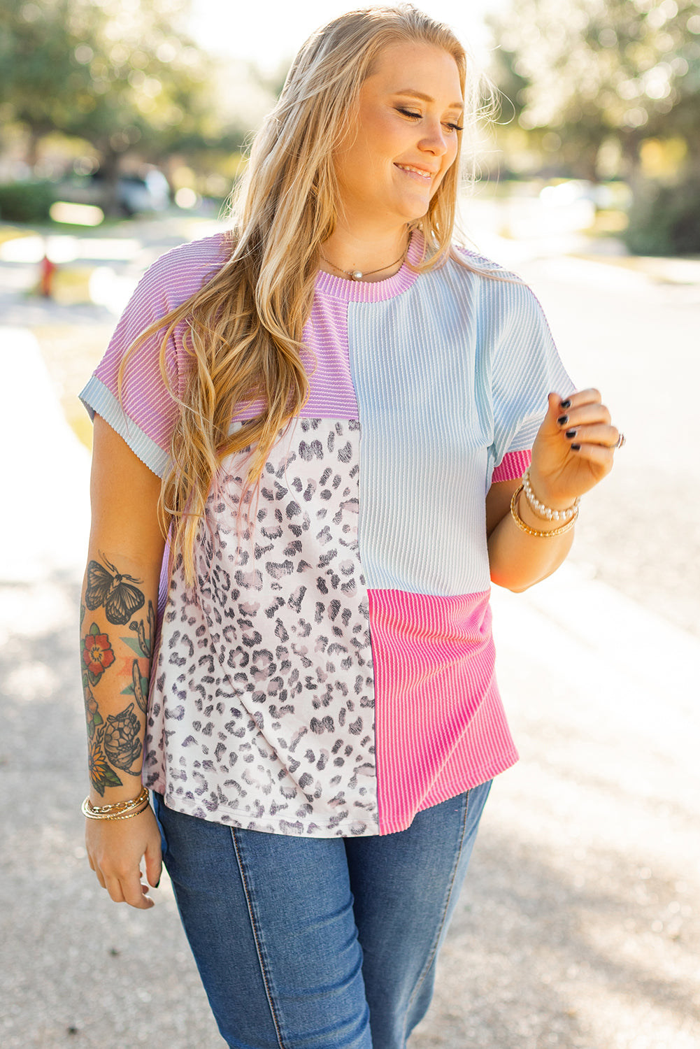 Rose Red Leopard Colourblock Patchwork Ribbed Knit Plus Size T Shirt - Size/Plus Tops/Plus Tops & Tees