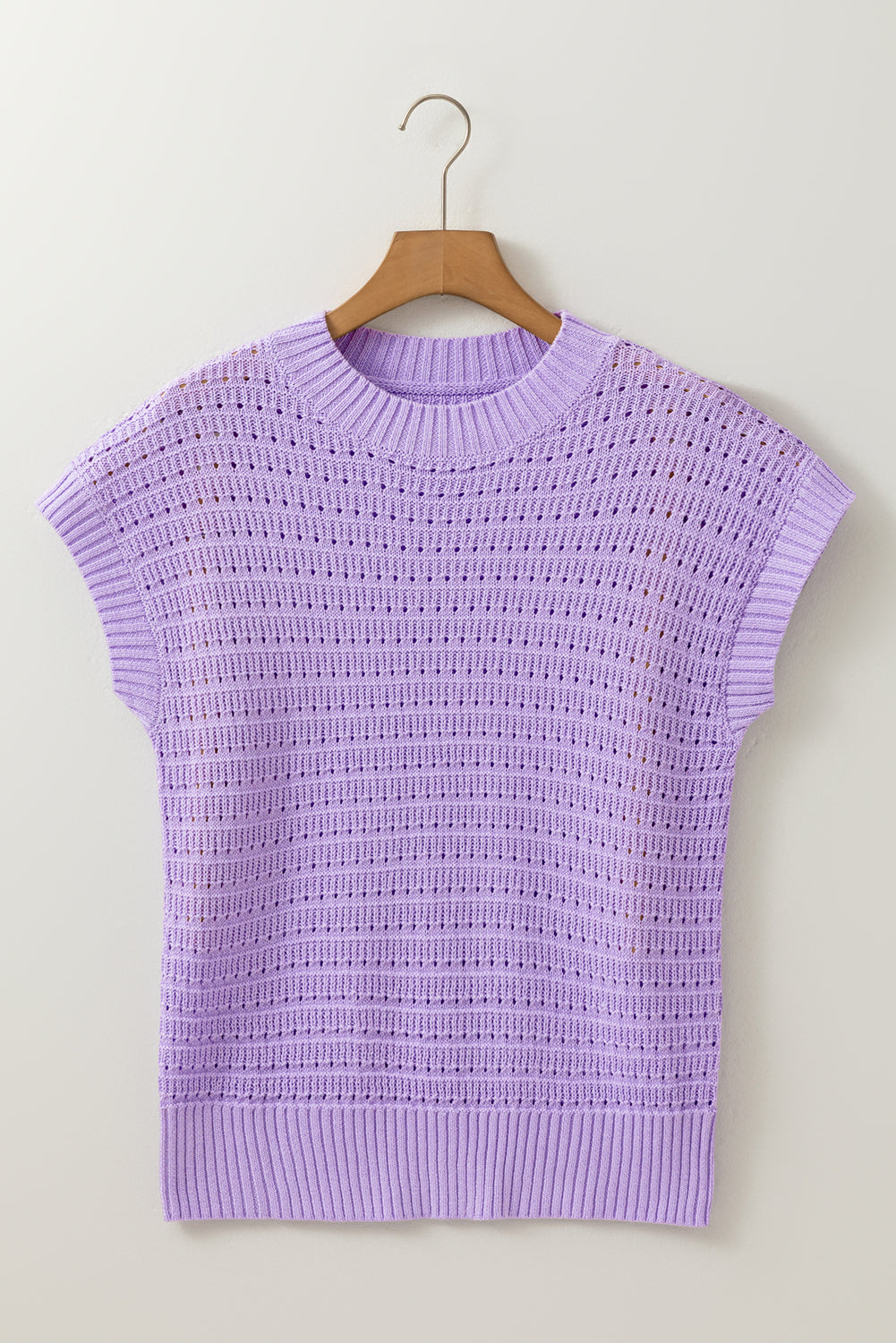 Pointelle knit Ribbed Trim Short Sleeve Sweater eAura
