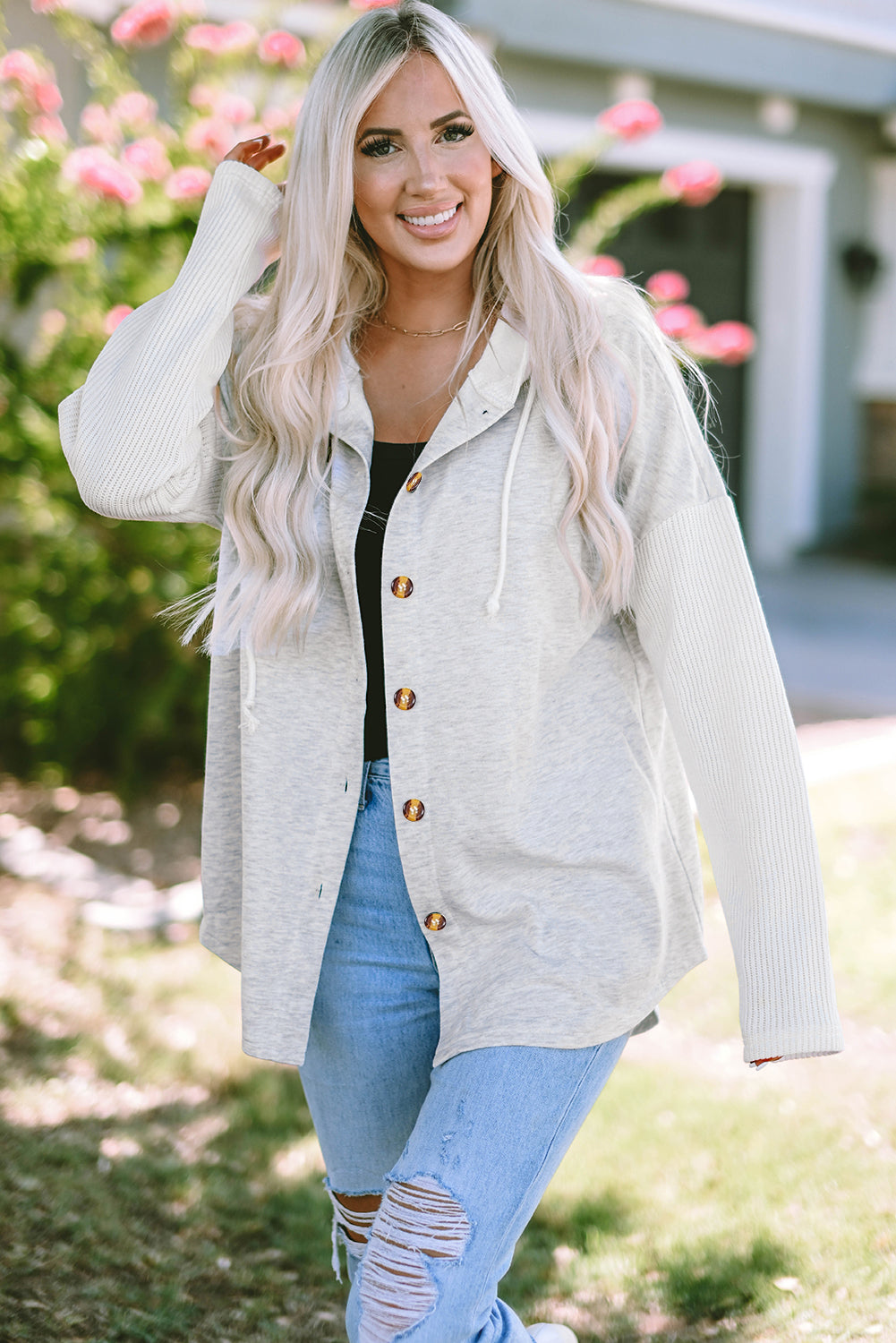 Grey Button Up Contrast Knitted Sleeves Hooded Jacket Beagle Boutique Fashion Outlet
