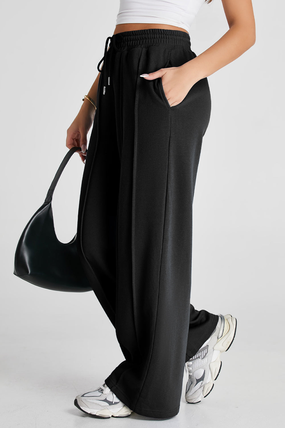 Black Seamed Drawstring High Waist Wide Leg Sweatpants - eAura