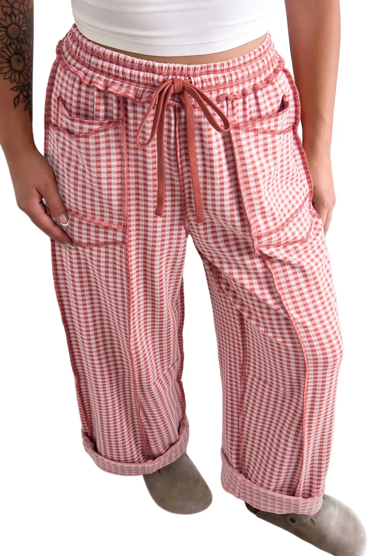 Plaid Contrast Trim Drawstring Elastic Waist Shift Pants – Green