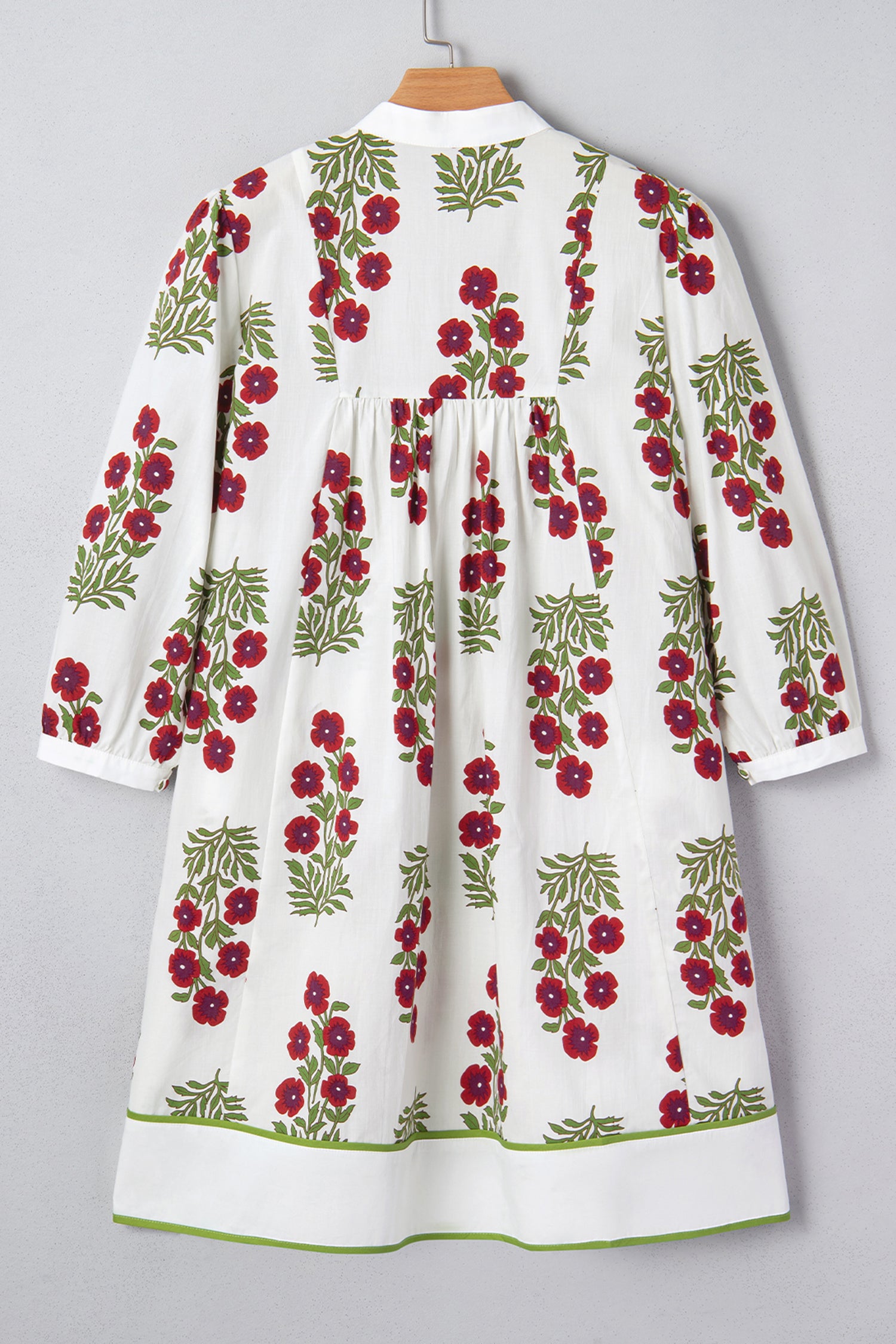 White Frilled V-Neck 3/4 Sleeve Loose Floral Dress