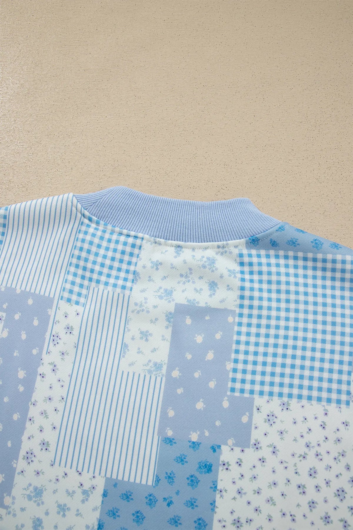Sky Blue Patchwork Floral Print Drop Shoulder Baggy Pullover Drawstring Shorts Set – Light Blue