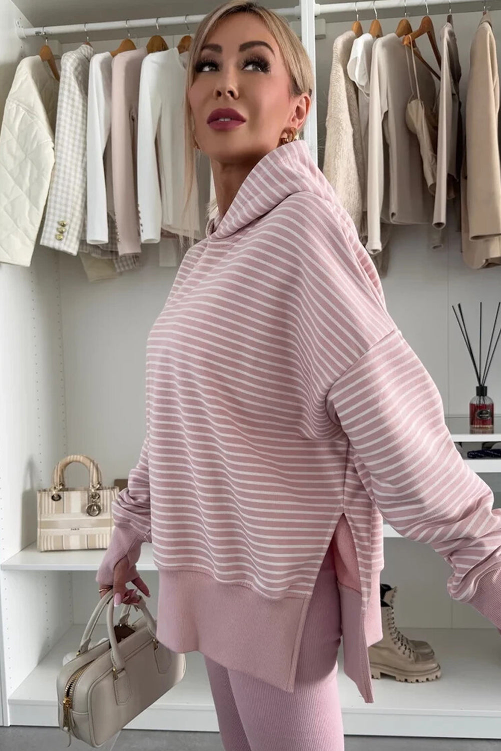 Stripe Thumbhole Side Slits Drop Shoulder Loose Fit Hoodie Dear-Lover Dropshipping