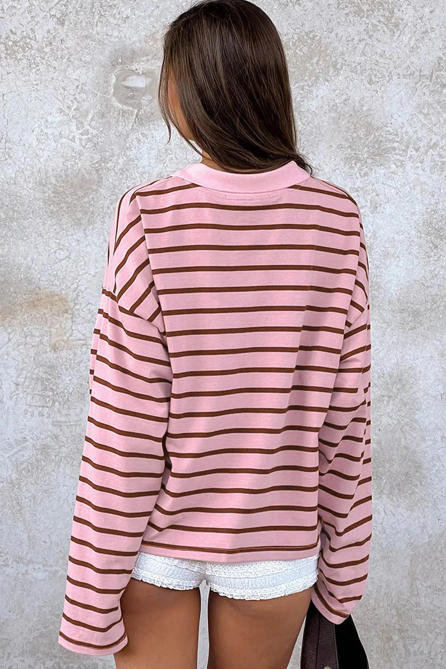 Striped Long Sleeve Collar Shift Top – Pink Stripe