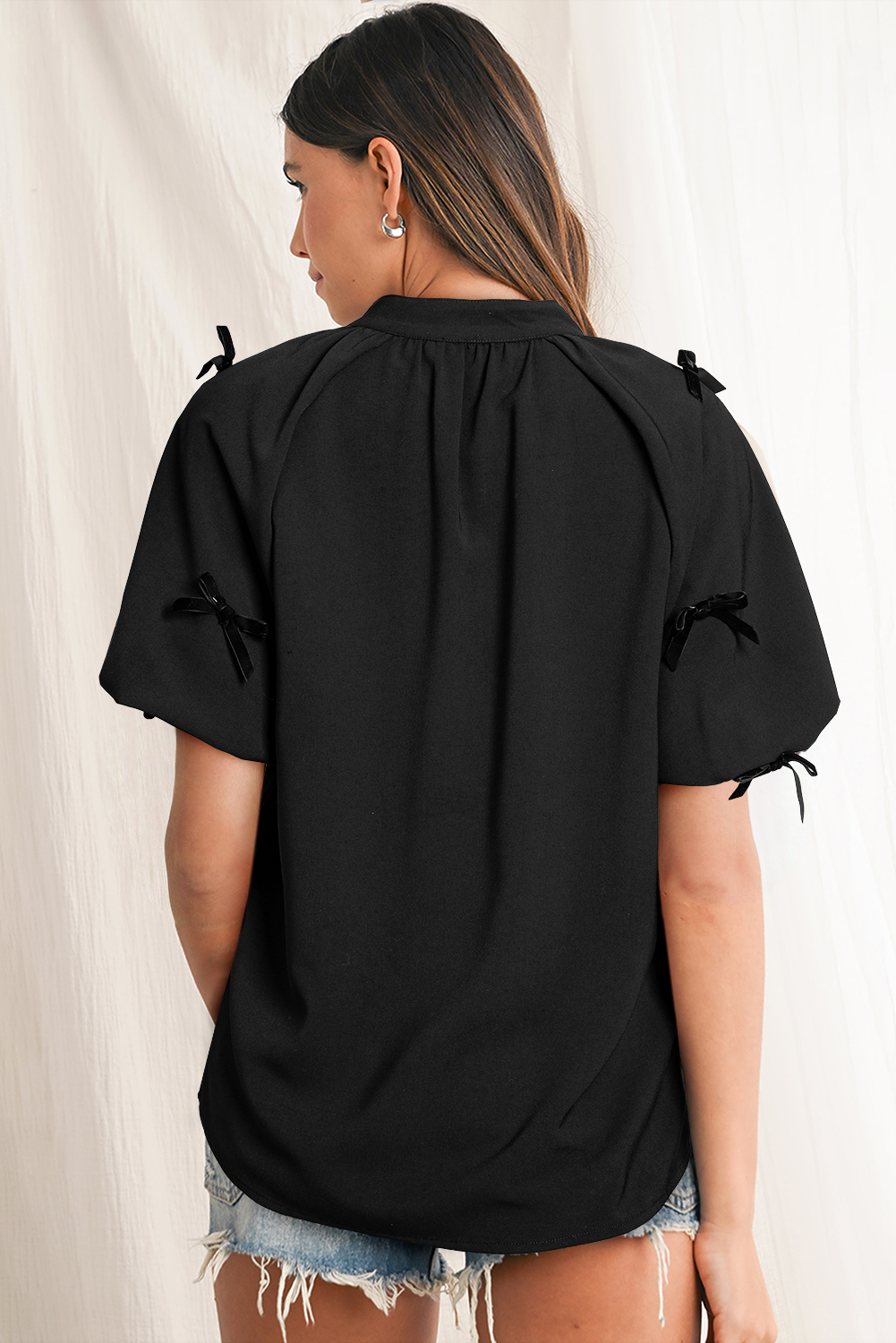 Black Bow Decor Puff Sleeve Split Neck Blouse eAura