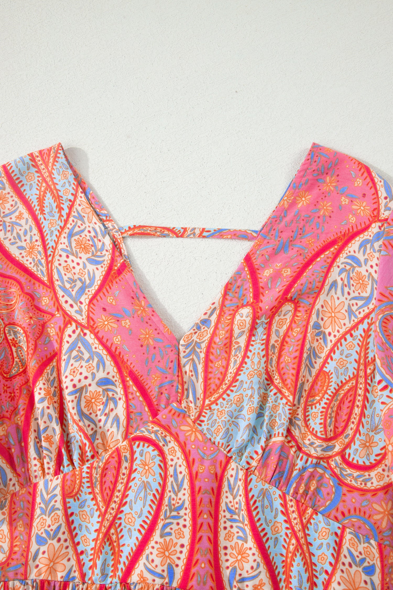 Paisley Print V-Neck Short Sleeve Boho Maxi Dress with Ruffle Details – Multicolour