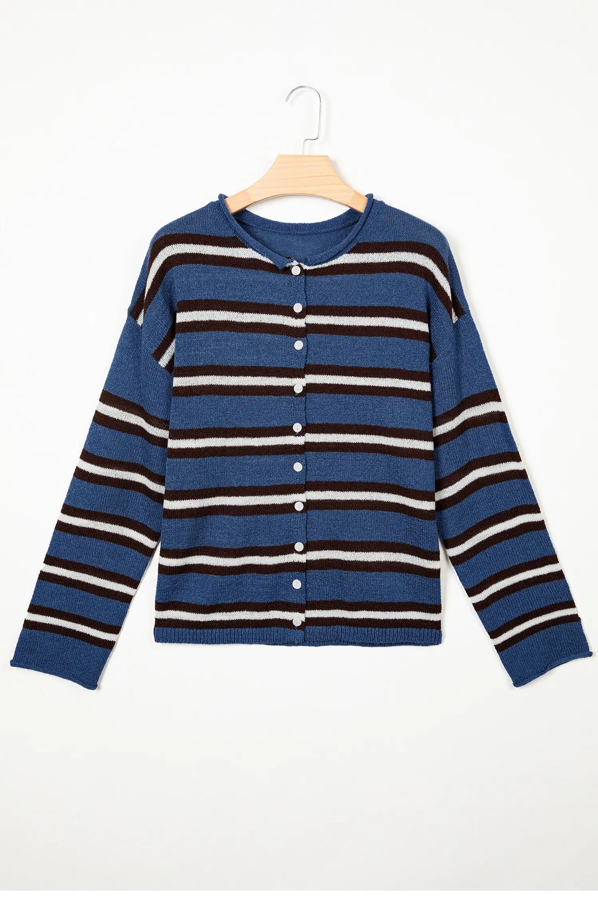 Striped Drop Shoulder Button Cardigan – Blue Stripe
