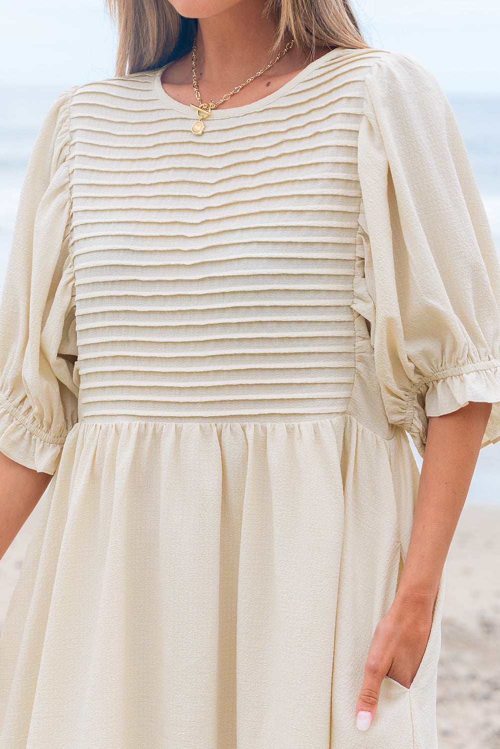 White Textured Ruffled Puff Sleeve Oversized Dress eAura
