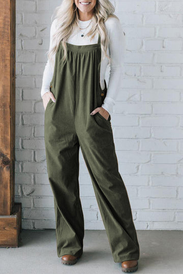 Button Adjustable Straps Solid Color Corduroy Jumpsuit – Jungle Green