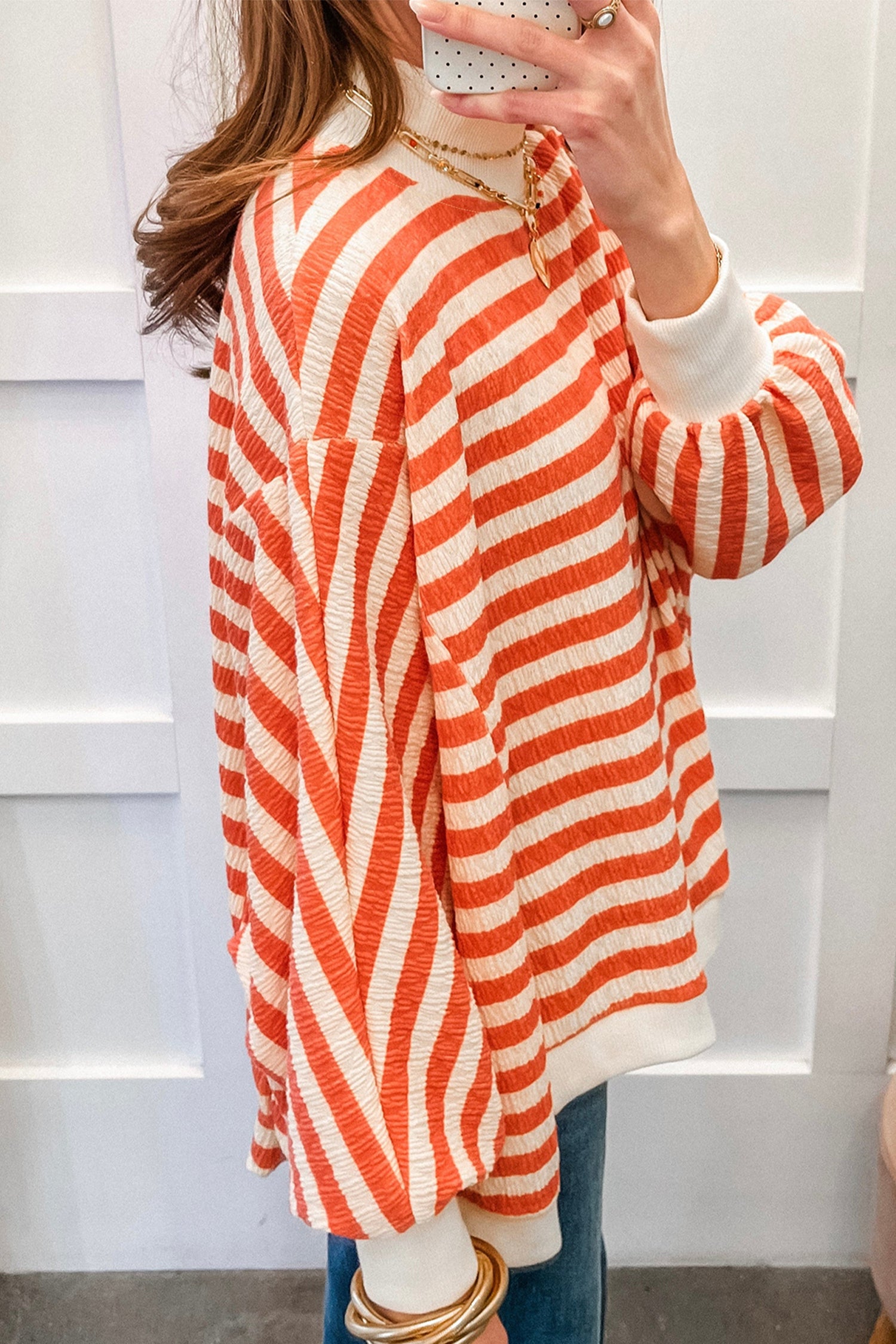 Striped Textured Stand Neck Oversized Long Sleeve Top – Orange Stripe