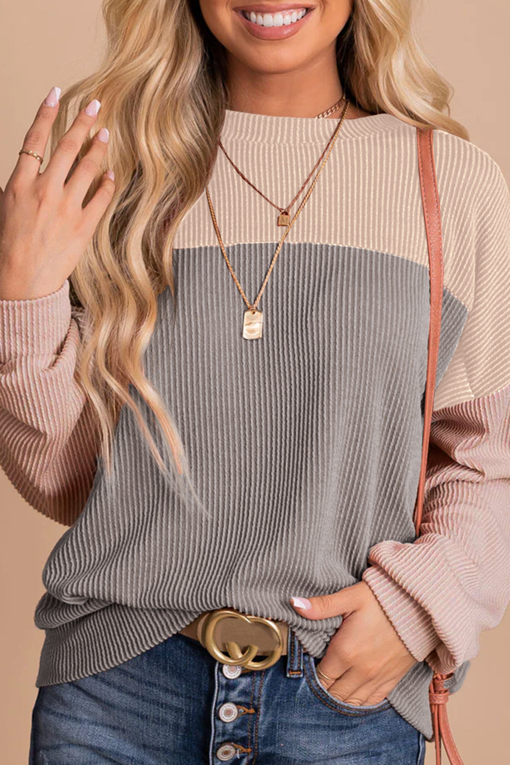 Multicolour Colour Block Long Sleeve Ribbed Loose Top eAura