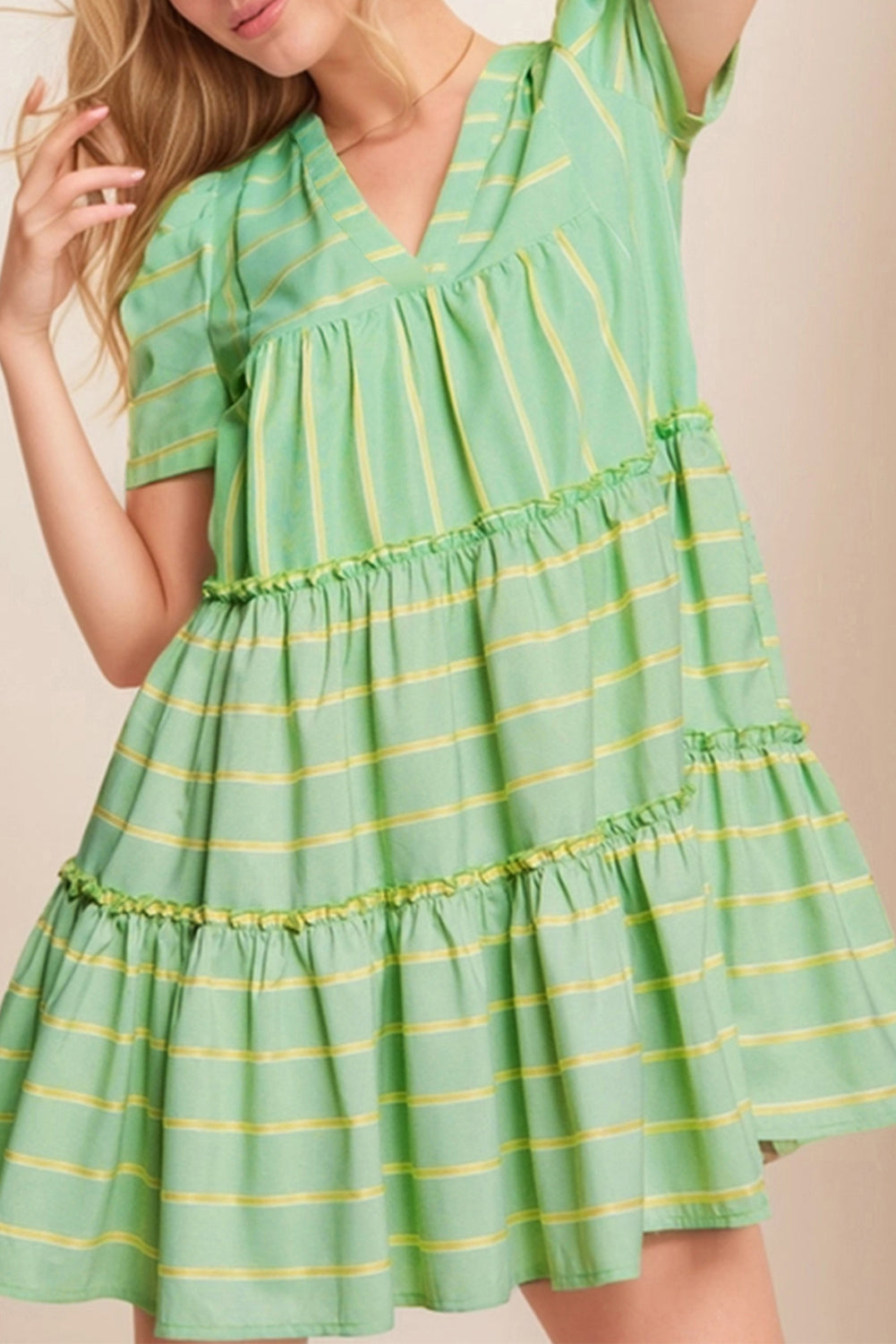 Green Stripe V-Neck Short Sleeve Frilled Detail A-line Dress eAura