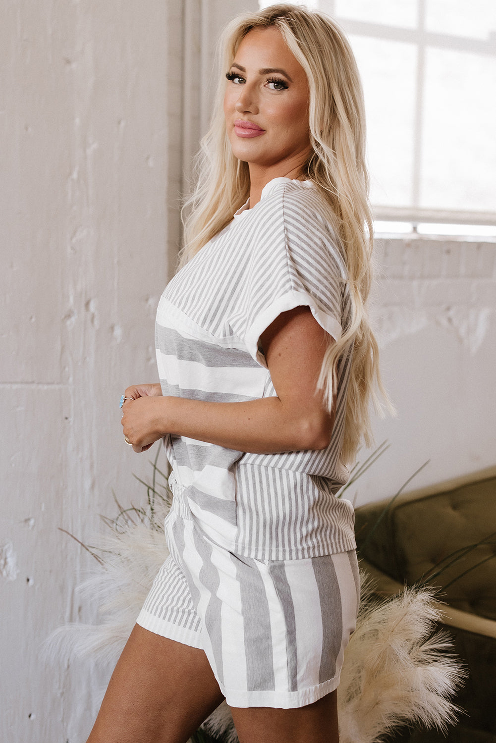 Grey Stripe Mixed Print Short Sleeve Top and Pocketed Shorts Set eAura