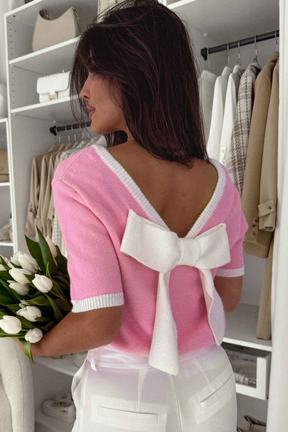 Colourblock Bow V-Shape Cut Back Short Sleeve Sweater eAura
