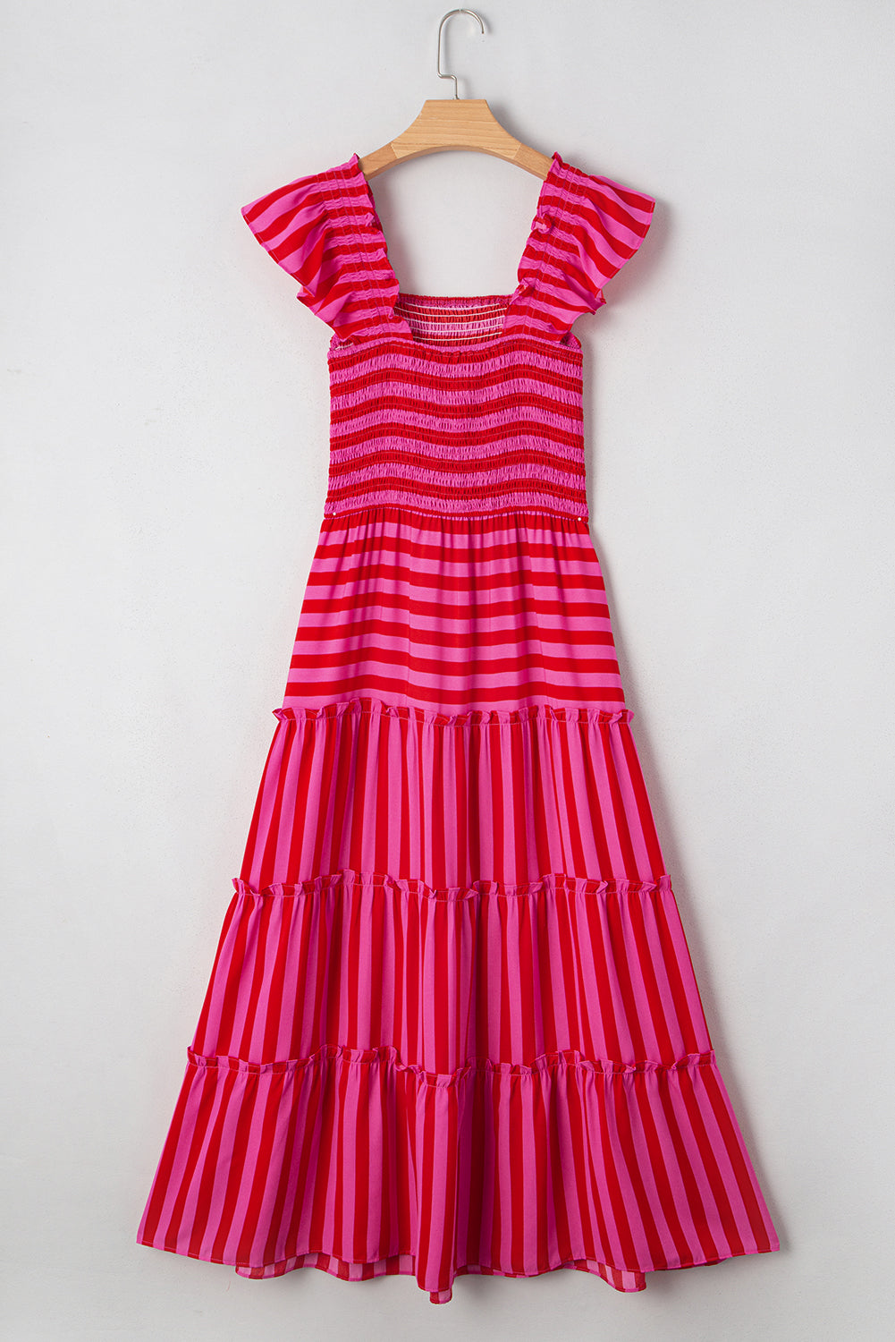 Rose Stripe Flutter Sleeve Smocked Bodice Tiered Maxi Dress eAura