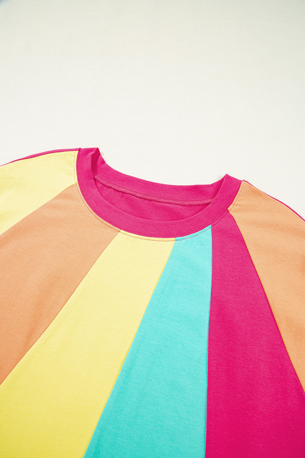 Rose Red Colour Block Ruffled Crew Neck Loose Fit T Shirt eAura