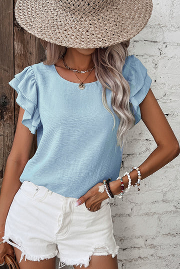 Mist Blue Solid Colour Ruffled Short Sleeve Casual Blouse eAura