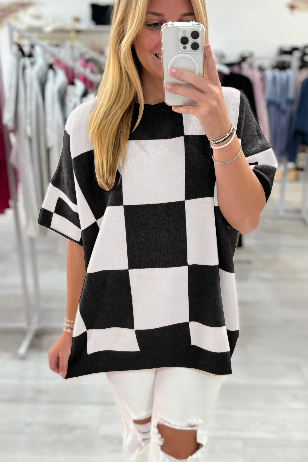 Checkered Pattern Loose Drop Shoulder Half Sleeve Sweater - eAura