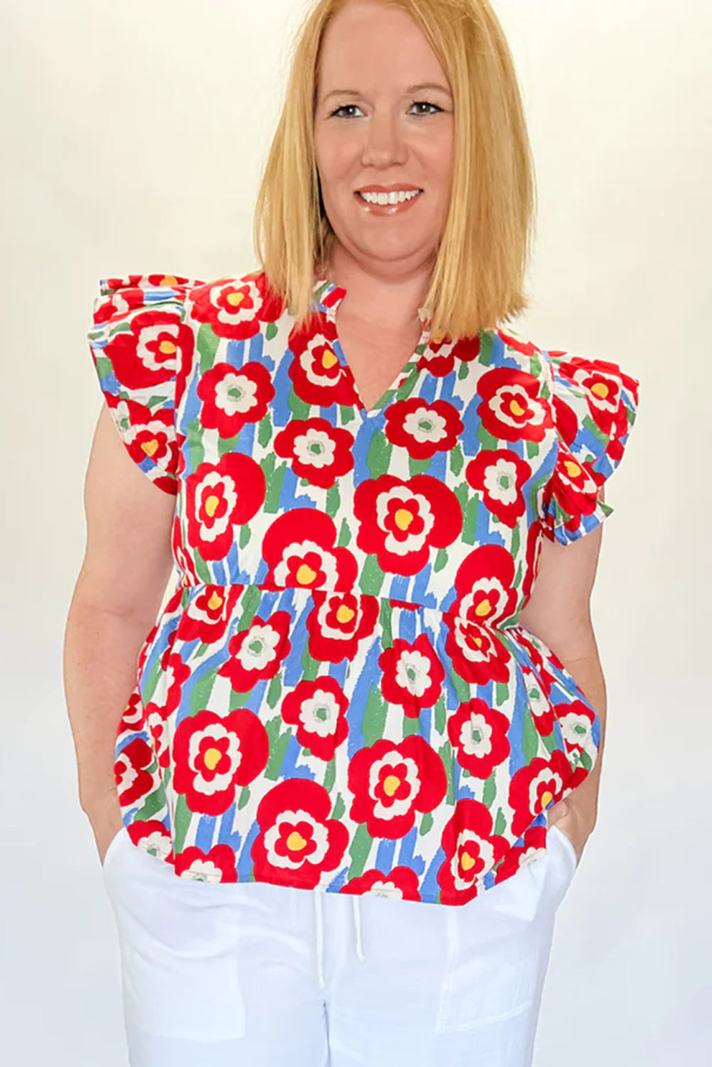 Red Plus Size Floral Print Ruffle Trim Split Neck Peplum Top BB Fashion Outlet