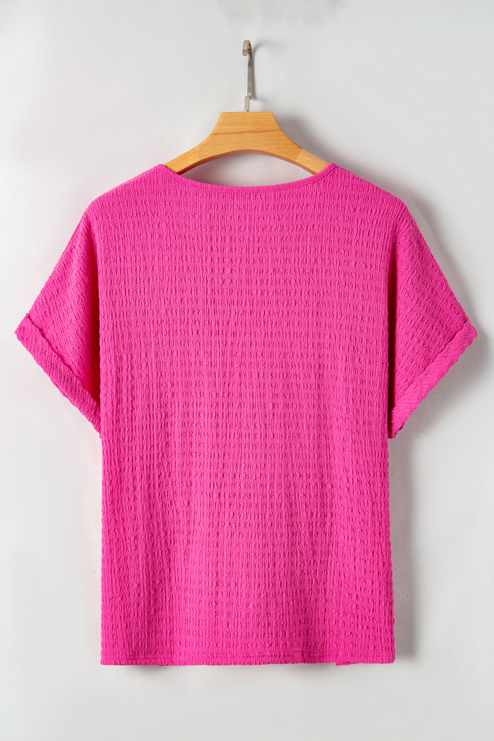 Bright Pink Plus Size Textured Folded Sleeve V Neck T Shirt BB Fashion Outlet