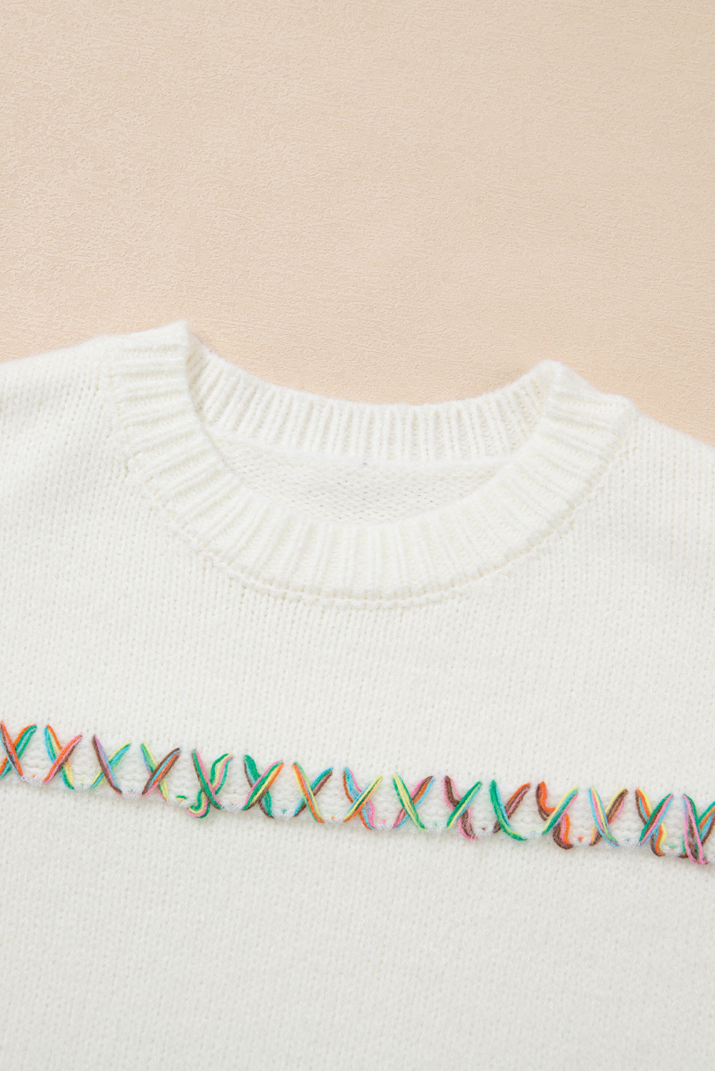 White Colourful Crossed Stitch Drop Shoulder Sweater eAura