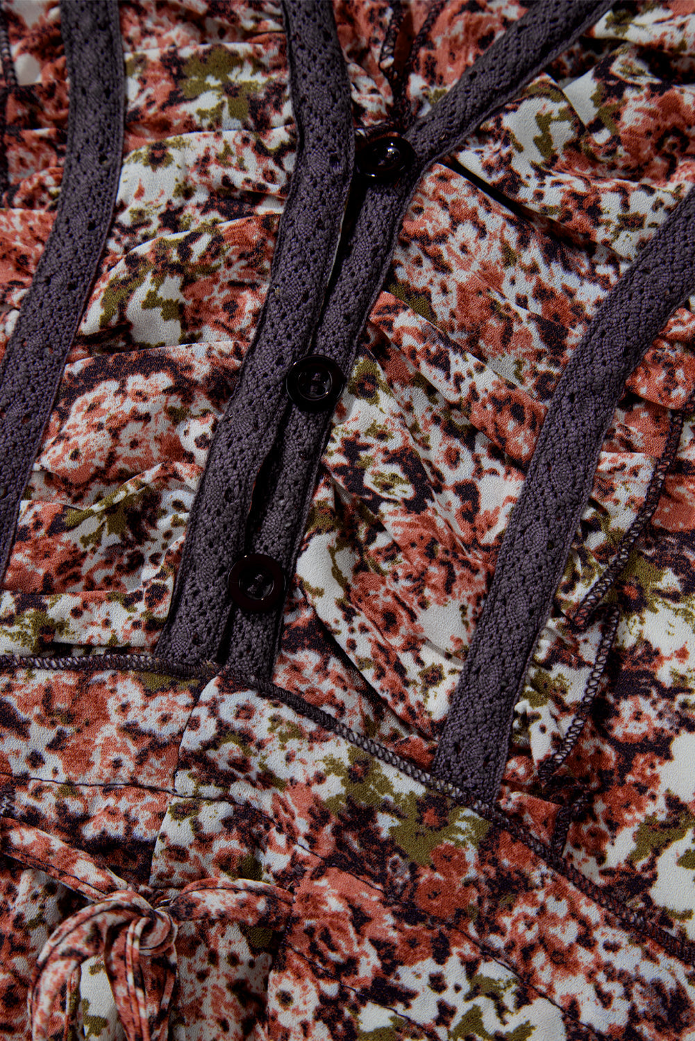 Brown Floral Print Split Front Tiered Frilled V Neck Midi Dress eAura