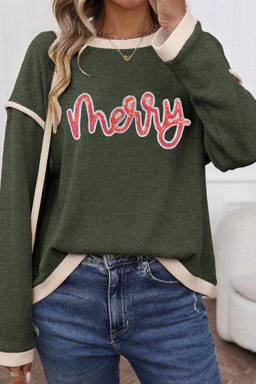 Merry Patched Graphic Contrast Trim Christmas Knitted Long Sleeve Top - eAura