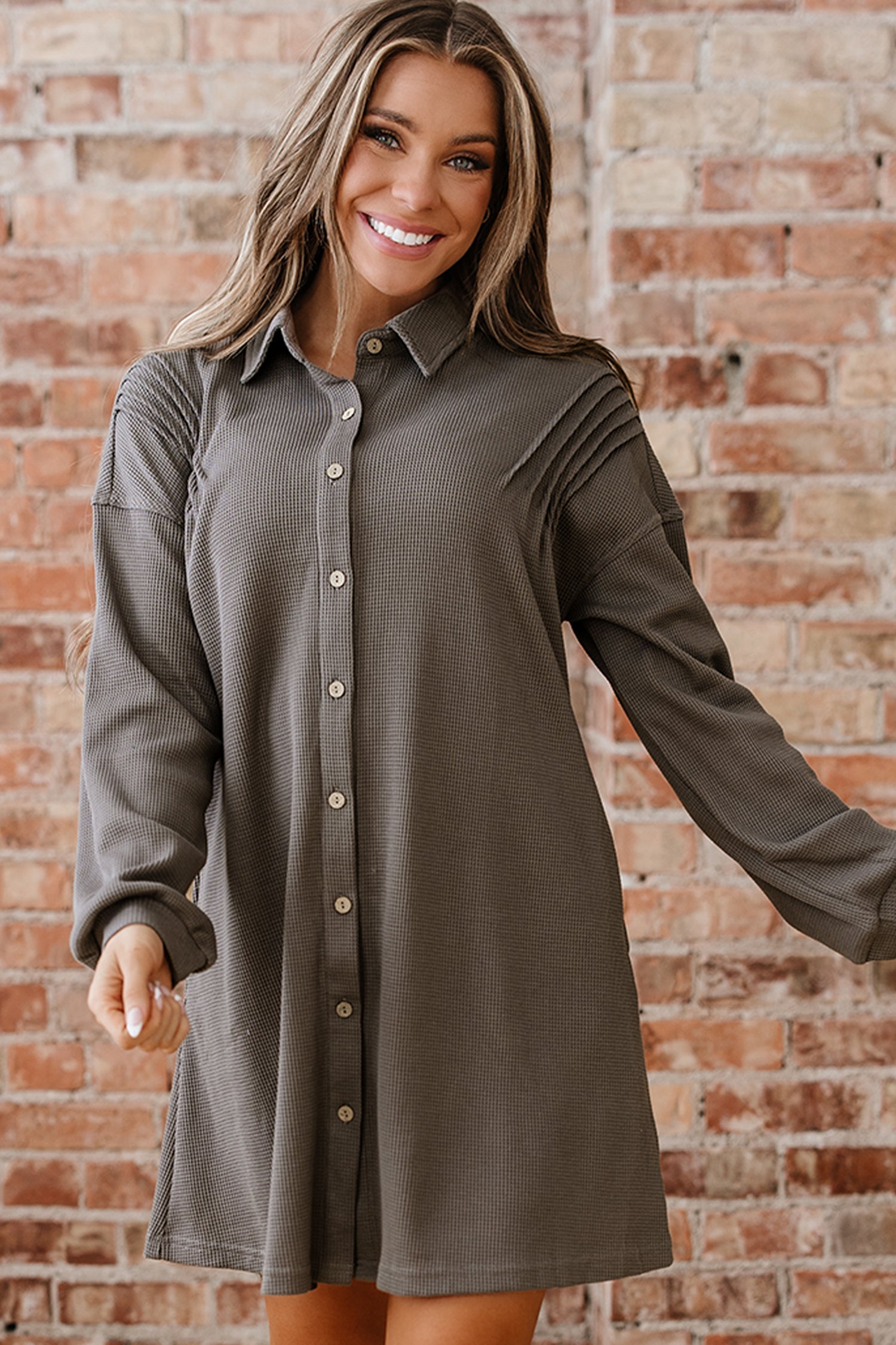 Waffle Knit Shirt Tunic Dress - eAura