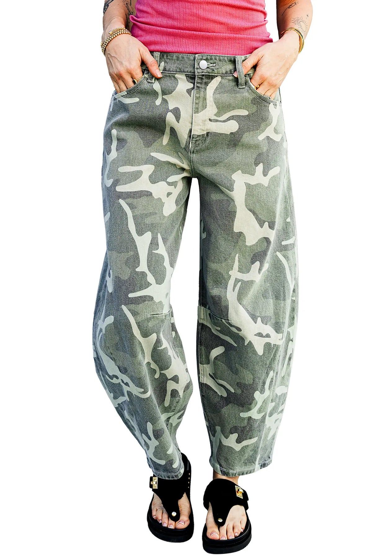 Camo Print Button Fly Straight Leg Ankle Length Jeans – Green